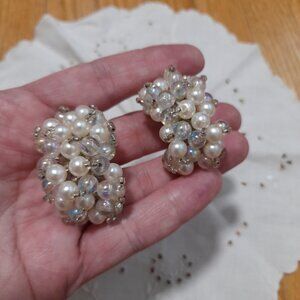 Vintage Earrings Faux Pearls Iridescent Bead Clusters Clip On Large Wedding